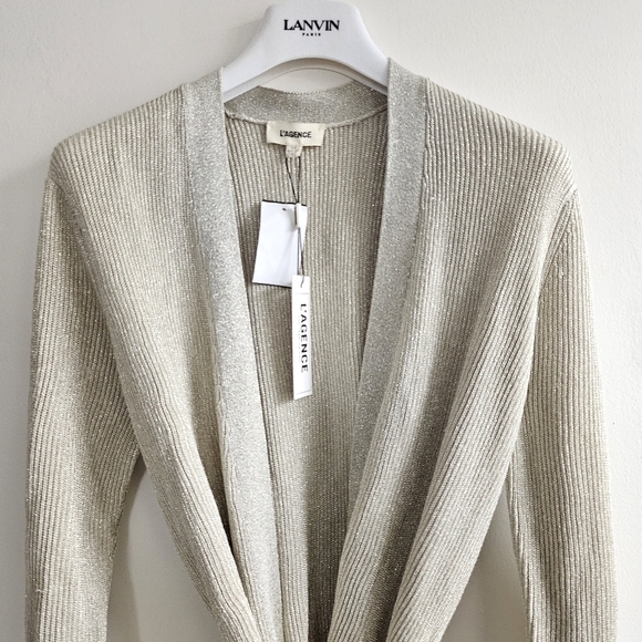 New L’AGENCE Rhea Tie Knit Long Line Metallic Gold Cardigan NWT Size Large - Picture 10 of 15